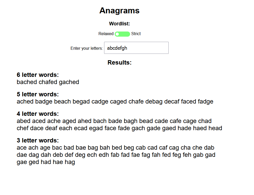 A screenshot of the anagrams web app