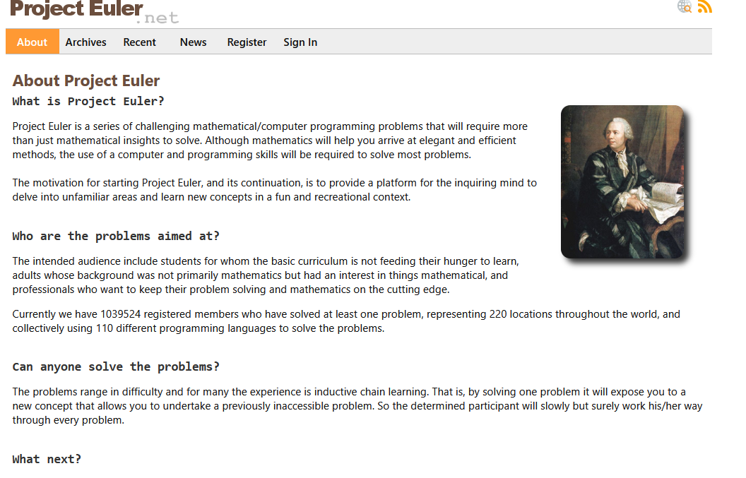 A screenshot of the project euler website