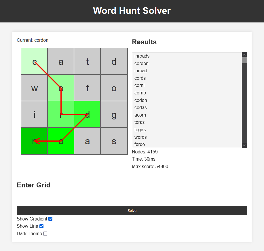 Screenshot of the wordhunt solver gui